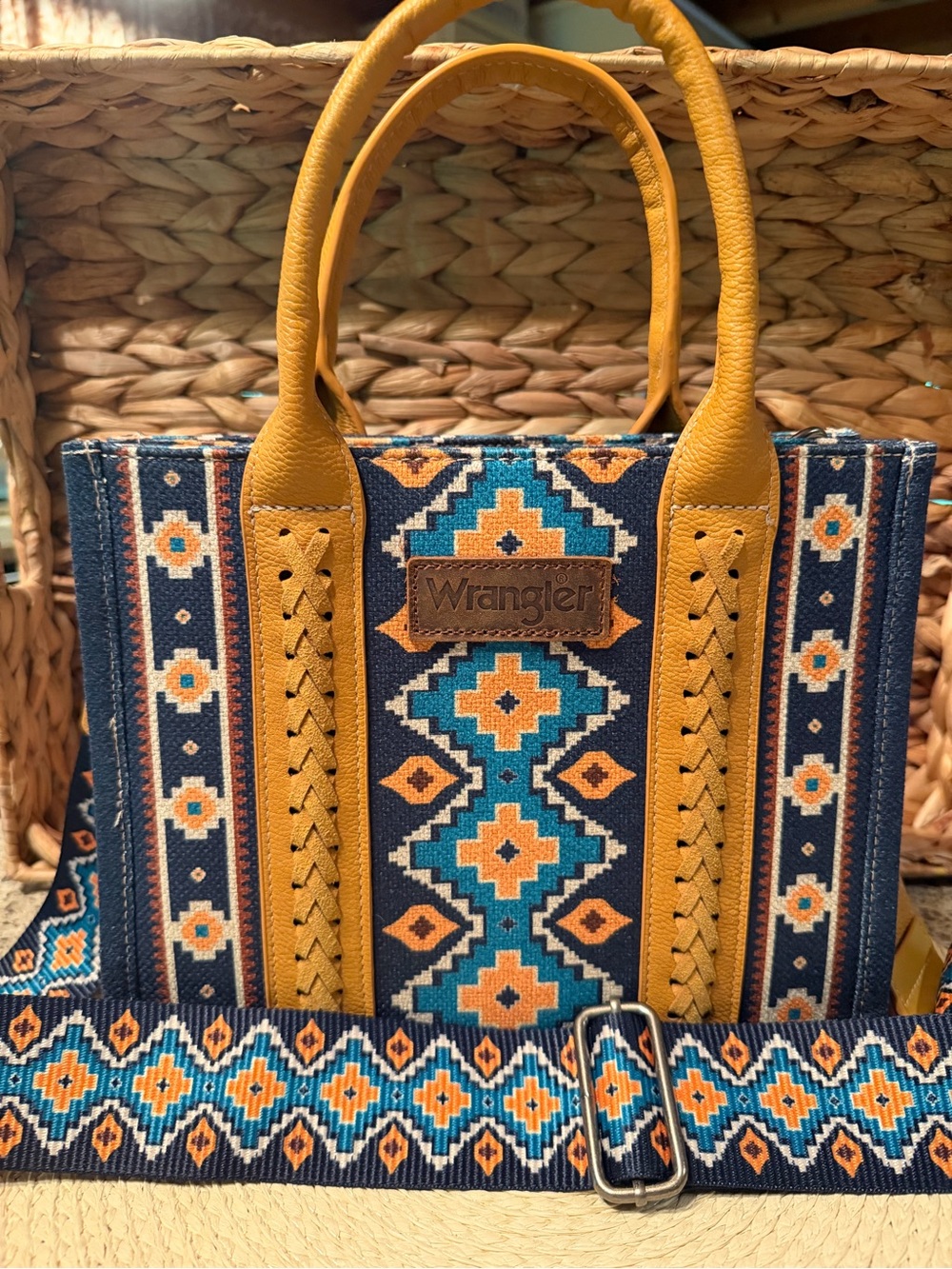 Wrangler Aztec Canvas Mini Tote in Mustard and Teal Blue
